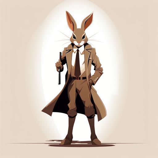 vector illustration, adult stylized bunny with long legs, wearing a long coat and tall boots as part of its secret agent costume. This refined bunny, in a sleek and elegant action pose, combines a mature and sophisticated aesthetic with softer, rounded lines, enhancing its tall and slender figure against a solid white background. It had a magnifiying glass on his hand --v 5.2