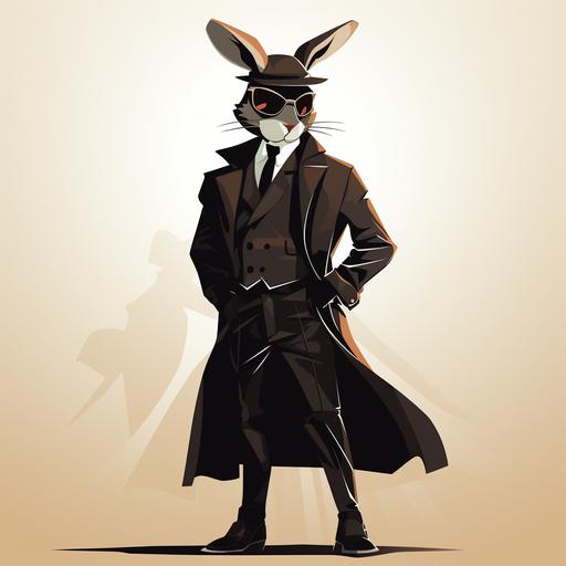 vector illustration, adult stylized bunny with long legs, wearing a long coat and tall boots and a fedora hat tilted over one eye, as part of its secret agent costume. This refined bunny, in a sleek and elegant action pose, combines a mature and sophisticated aesthetic with softer, rounded lines, enhancing its tall and slender figure against a solid white background. It had a magnifiying glass on his hand --v 5.2