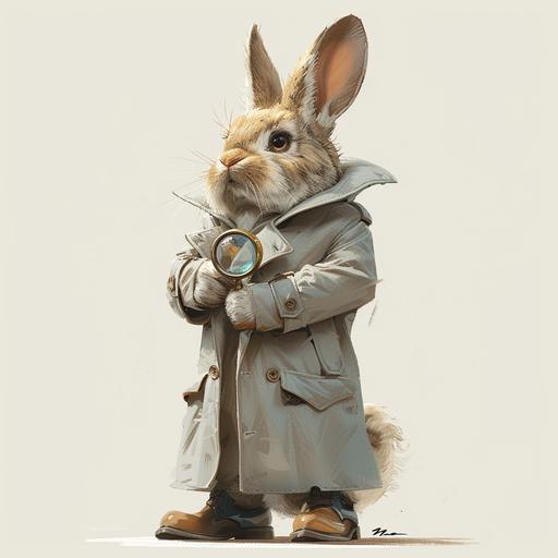 vector illustration, adult stylized bunny with long legs, wearing a long coat and tall boots as part of its secret agent costume. This refined bunny, in a sleek and elegant action pose, combines a mature and sophisticated aesthetic with softer, rounded lines, enhancing its tall and slender figure against a solid white background. It had a magnifiying glass on his hand. --s 750