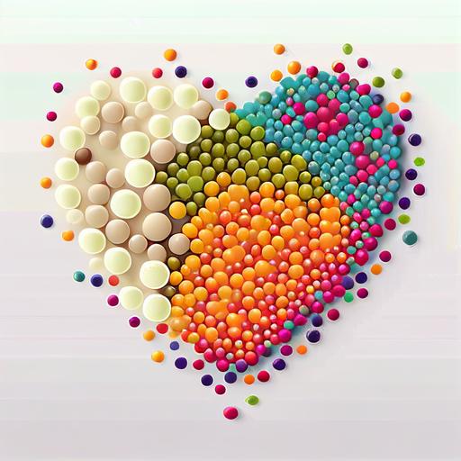 vector illustration of a heart made of boba pearls , a colorful background. The heart is surrounded by different types of tea and beverages, vibrant colors ,white bachground --v 4 --s 750