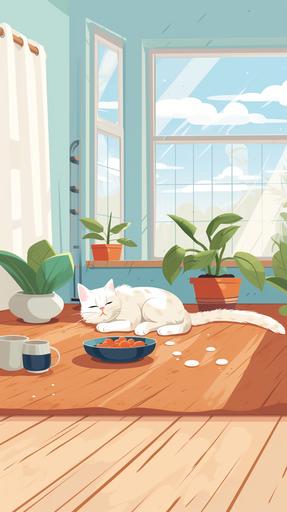 vector illustration of a lazy cute cat laying on the floor inside a house with a big bowl of milk nearby --ar 9:16