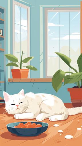 vector illustration of a lazy cute cat laying on the floor inside a house with a big bowl of milk nearby --ar 9:16