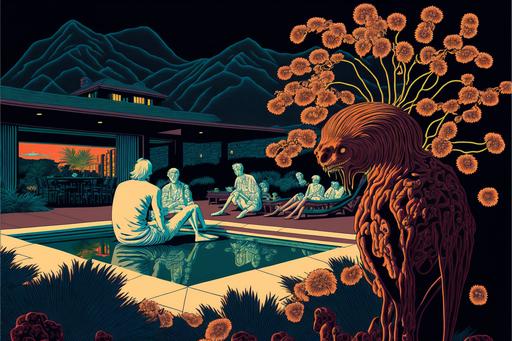 vector illustration, our poolside chat just turned into a murder scene, vivid colors, highly detailed, oak trees and mountains in the background, california native basketry, synesthesia, full frame photo, realistic faces, Production still, night flash photo, hyper realism, super detailed, insanely detailed, cinematic lighting, action shot, photorealistic, Studio Lighting, reflections, dynamic pose, Cinematic, Color Grading, Ultra-Wide Angle, Depth of Field, beautifully color-coded, intricate details, Photoshoot, HD, 8k, vibrant colors --ar 3:2 --no cropping