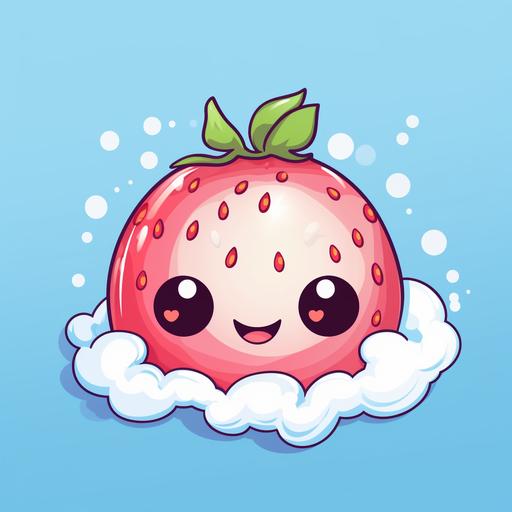 vector logo, anime art style of a pink happy strawberry with very big adoring eyes, cotton candy blue background