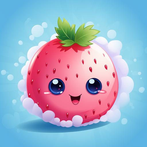 vector logo, digital painting style of a pink happy strawberry with very big anime eyes, cotton candy blue background