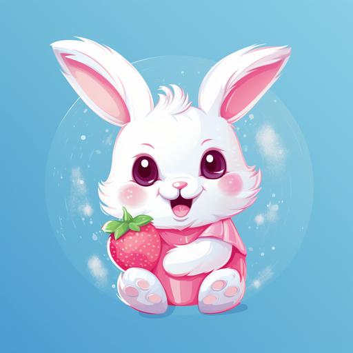 vector logo of a smiling bunny rabbit holding a pink smiling strawberry, digital painting art style, cotton candy blue background