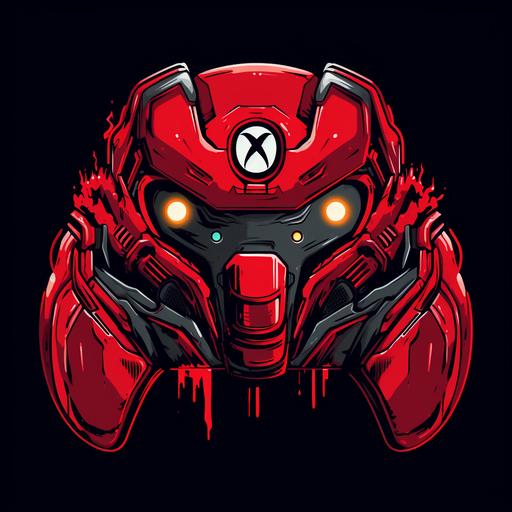vector logo of red and black xbox controller. Incorporate a scope into the controllers buttons. Include a Red and black spartan helmet in the logo