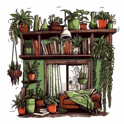 vector outline drawing vivid colors green and brown fully colored, boho home decoration, plants, window, plan hanging from ceiling, bookshelf, home decor, boho style