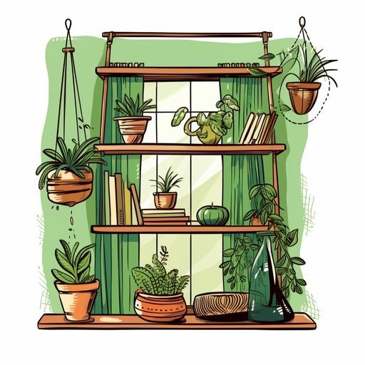 vector outline drawing vivid colors green and brown fully colored, boho home decoration, plants, window, plan hanging from ceiling, bookshelf, home decor, boho style