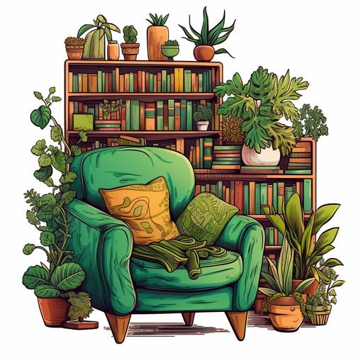 vector outline drawing vivid colors green and brown fully colored, boho home decoration, plants, bookshelf, chair with pillows