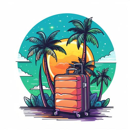 vector outline space minimalist summer, old suitcase, cartoon style, palm trees and coconuts, colorful, fully colored