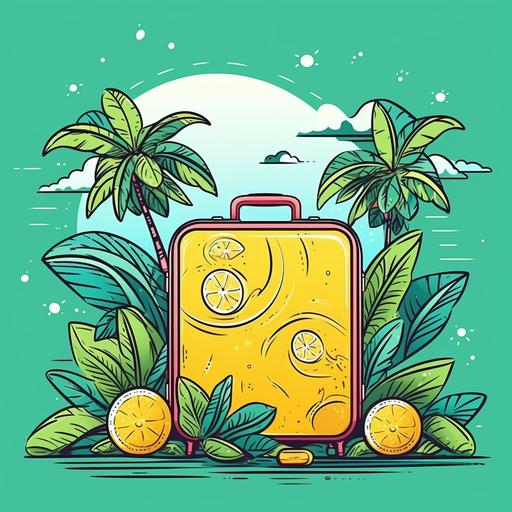 vector outline space minimalist summer, old suitcase, cartoon style, green palm trees and lemons, colorful