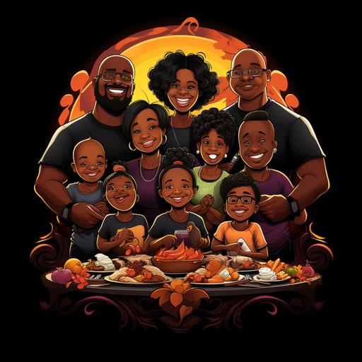 vector tshirt design large black family at table with a turkey on top of the table feast melanin whole family family funny colorful turkey thanksgiving cartoon effect 4k 3d