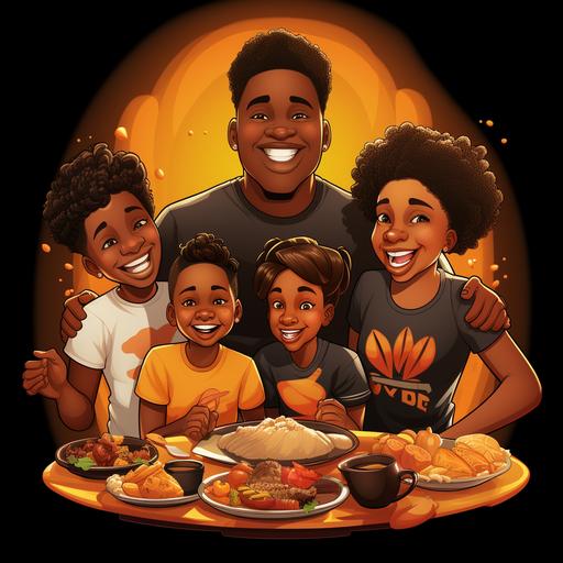 vector tshirt design large black family at table with a turkey on top of the table feast melanin whole family family funny colorful turkey thanksgiving cartoon effect 4k 3d