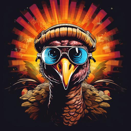 vector tshirt design large turkey thanksgiving cartoon effect cyber punk turkey funny comedy 3d 4k