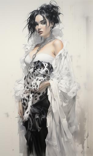 vegan Cruella Deville in a dalmation print dress, fashion design sketch by Luis Royo, highly detailed, ultra realistic, dreamlike --ar 3:5 --s 250