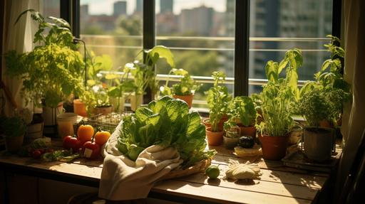 vegetables and herbs being grown on a table in front of an apartment window where the sun is shining in. --ar 16:9