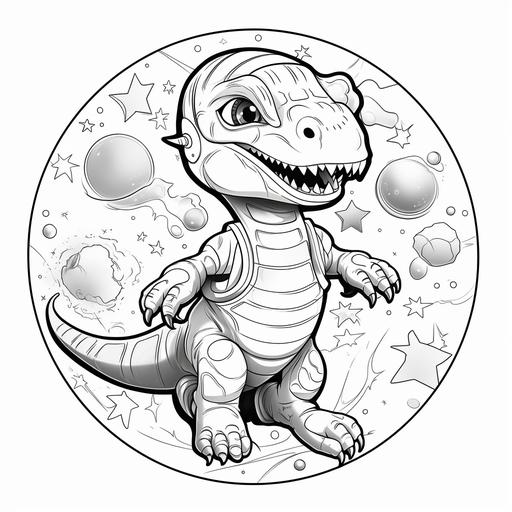 velociraptor in space cartoon style thick lines coloring book for kids no shading black and white