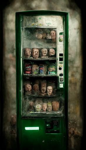 /vending machine stocked with miniature human heads, dimly lit, distressed Venetian green plaster walls, liminal space, haunting atmosphere, gothic,  photorealistic, hyperdetailed 3D matte painting, hyperrealism, hyperrealistic, cinematic, silent hill, horror style, 8k ultra HD octane render --ar 9:16