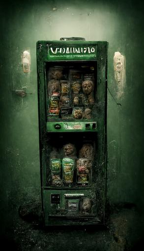 vending machine stocked with shrunken heads, dimly lit, distressed Venetian green plaster walls, liminal space, haunting atmosphere, gothic,  photorealistic, hyperdetailed 3D matte painting, hyperrealism, hyperrealistic, cinematic, silent hill, horror style, 8k ultra HD octane render --ar 9:16