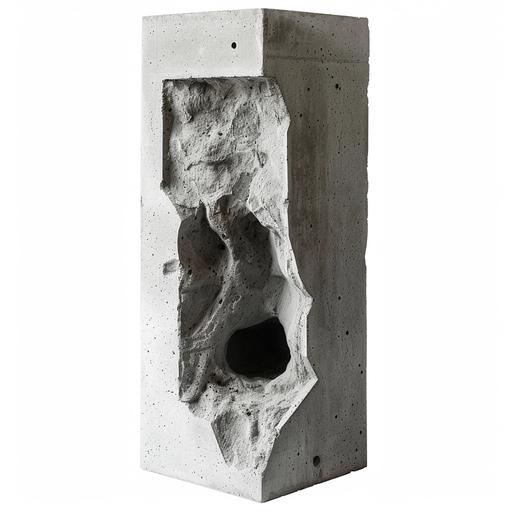 vertical concrete column block with a cave inside. white background