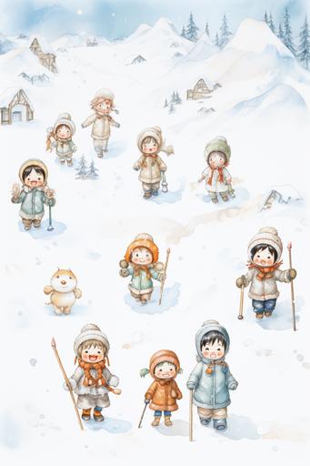 vertical poster in cute cartoonish pencil style. It is a white winter day on the north pole. Leave a place in the center like empty white field. On the left side put a few tiny Yakut girls, on the right side a few Eskimo boys. So these two groups on the sides of empty snowy field are shown from top angle and these figurines spread from top to bottom of the poster (one above each other but like side view.) On the top of the poster (above the field) there are a few cute white bears. In the front ( at the very bottom) a cute white baby bear sneaking from a pile of snow looking on us. --ar 2:3