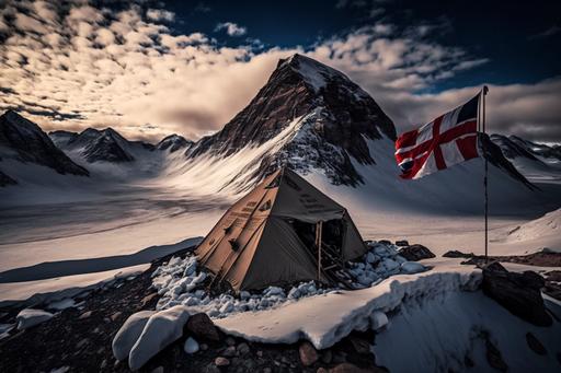 vertigo mountain base camp with a flag --ar 3:2