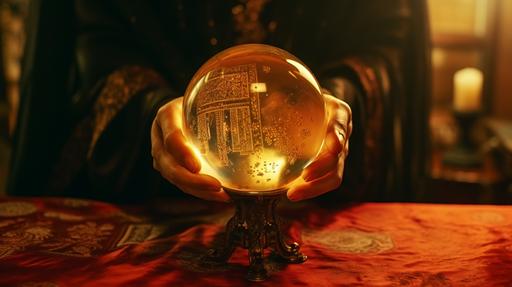very close up shot of a clear Fortune teller crystal ball,in ancient times,real photography, fujifilm superia,full HD, taken on a Canon EOS R5 F1. 2 ISO100 35MM --ar 16:9