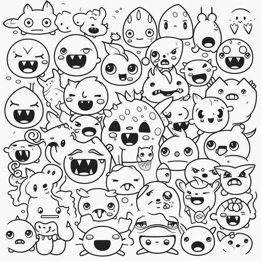 very cute kawaii japanese emoji monsters with funny faces for a coloring book. all lines are closed and rounded they are emojis, vector line art, ink drawing, they are emojis, abstract patterns. --s 500 --v 5 --s 250