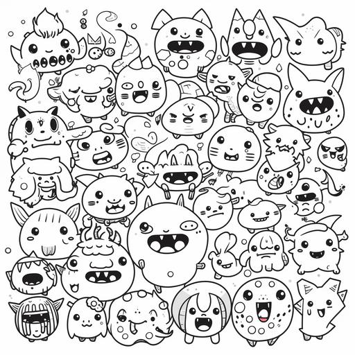 very cute kawaii japanese emoji monsters with funny faces for a coloring book. all lines are closed and rounded they are emojis, vector line art, ink drawing, they are emojis, abstract patterns. --s 500 --v 5 --s 250