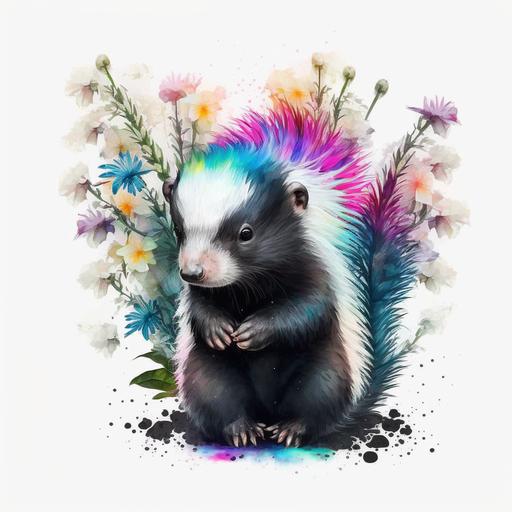 very cute neon watercolor proud baby skunk with it's tail up with a halo of flowers, no background, tranlucent background, 3:4