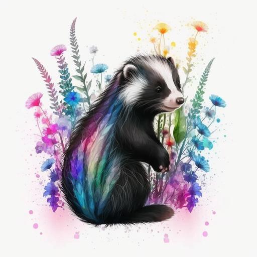 very cute neon watercolor proud baby skunk with it's tail up with a halo of flowers, no background, tranlucent background, 3:4