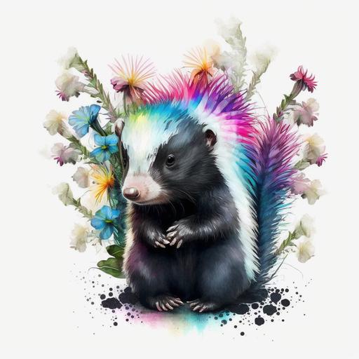 very cute neon watercolor proud baby skunk with it's tail up with a halo of flowers, no background, tranlucent background, 3:4