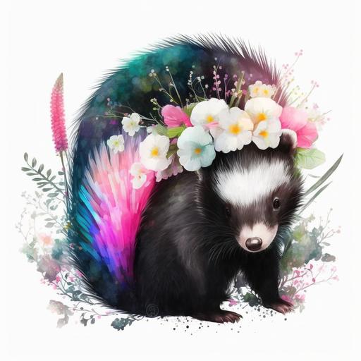 very cute neon watercolor proud baby skunk with it's tail up with a halo of flowers, no background, tranlucent background, 3:4