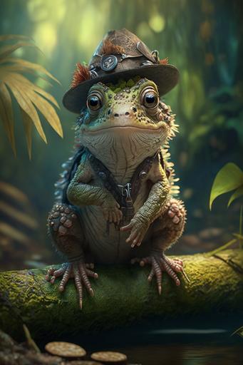 very cute tiny, An Iguana with a crocodile Dundee hat, in a swamp, rim lighting, adorable big eyes, small, By greg rutkowski, chibi, Perfect lighting, Sharp focus, intricate detailed, 8K --v 4 --ar 2:3