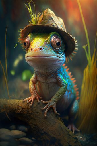 very cute tiny, An Iguana with a crocodile Dundee hat, in a swamp, rim lighting, adorable big eyes, small, rainbow colors, By greg rutkowski, chibi, Perfect lighting, Sharp focus, intricate detailed, 8K --v 4 --ar 2:3