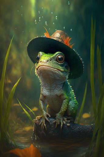 very cute tiny, An Iguana with a crocodile Dundee hat, in a swamp, rim lighting, adorable big eyes, small, rainbow colors, By greg rutkowski, chibi, Perfect lighting, Sharp focus, intricate detailed, 8K --v 4 --ar 2:3