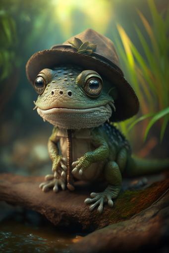 very cute tiny, An Iguana with a crocodile Dundee hat, in a swamp, rim lighting, adorable big eyes, small, rainbow colors, By greg rutkowski, chibi, Perfect lighting, Sharp focus, intricate detailed, 8K --v 4 --ar 2:3