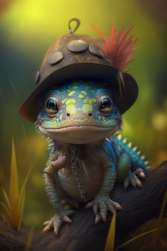 very cute tiny, An Iguana with a crocodile Dundee hat, in a swamp, rim lighting, adorable big eyes, small, rainbow colors, By greg rutkowski, chibi, Perfect lighting, Sharp focus, intricate detailed, 8K --v 4 --ar 2:3