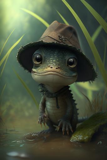 very cute tiny, An Iguana with a crocodile Dundee hat, in a swamp, rim lighting, adorable big eyes, small, By greg rutkowski, chibi, Perfect lighting, Sharp focus, intricate detailed, 8K --v 4 --ar 2:3