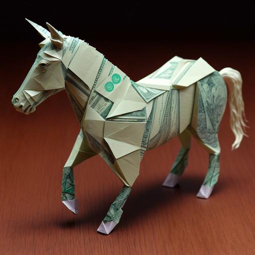 very detailed origami horse made of dollar notes, avarice --uplight