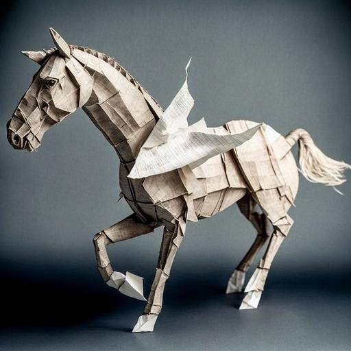 very detailed origami horse, newspaper --v 4