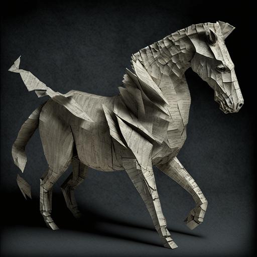 very detailed origami horse, newspaper --v 4