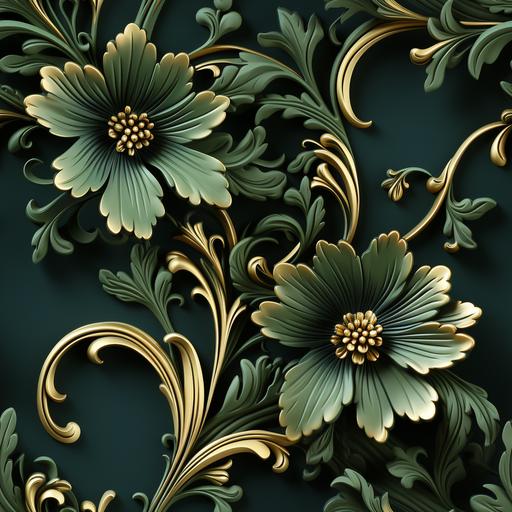 very detailed, very precise minimalist ornamental baroque wallpaper in the style of shepard fairey, green background with some gold in the ornamental parts --tile --ar 1:1 --v 5.2 --s 750 --style raw