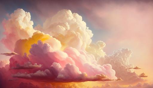very distant long bunches of 3D semi-stylized hyper-realistic dreamy pink yellow fluffy cotton candy clouds with soft golden sunrays shining light pink yellow sky across the horizon --ar 3840:2160