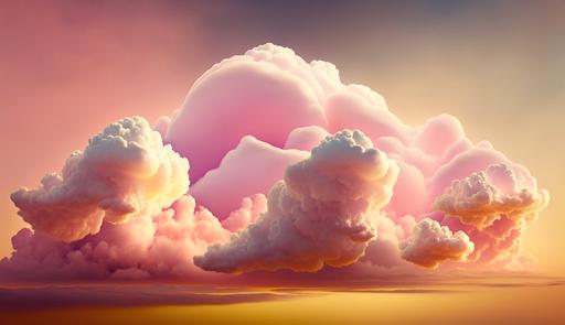 very distant several bunches of 3D semi-stylized hyper-realistic dreamy pink yellow fluffy cotton candy clouds with soft golden sunrays shining light pink yellow sky across the horizon --ar 3840:2160