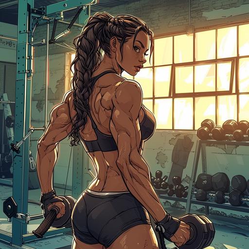 very fit muscle girl doing excercise in the gym, category image for an online store, comic book style --v 6.0