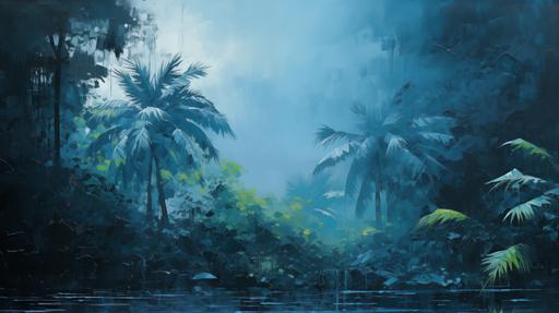 very foggy tropical triassic rain forest, impressionistic pallet knife painting, deep blue tones, raining, highly stylized and simple shapes, less plants --ar 16:9