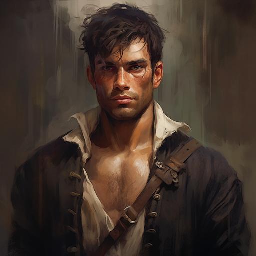 very handsome, rugged, pirate with short hair and intense eyes, with a scar on his lip. male, 26 years old.