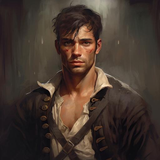 very handsome, rugged, pirate with short hair and intense eyes, with a scar on his lip. male, 26 years old.